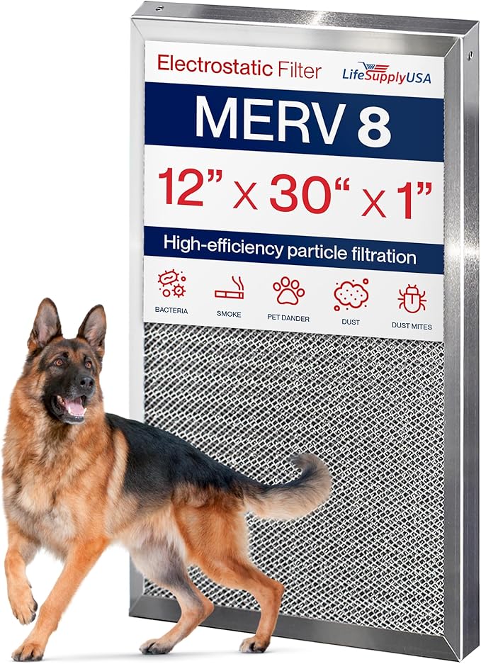 12x30x1 Electrostatic Air Filter, MERV 8, Washable, Reusable Furnace AC/HVAC Filter, Energy Saving, Easy to Clean, Long-Lasting by LifeSupplyUSA