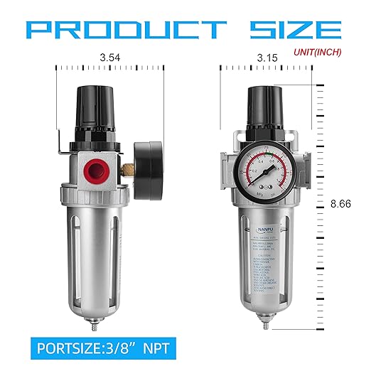 NANPU 3/8" NPT Compressed Air Filter Regulator Combo, Air Filter Pressure Regulator Gauge Kit Water Separator w/Pressure Gauge, 150PSI