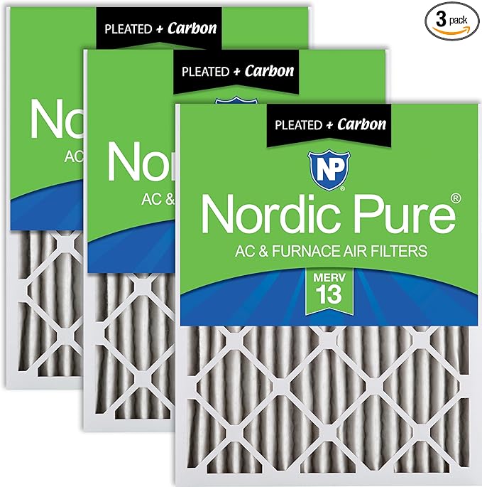 Nordic Pure 20x20x2 (19 1/2 x 19 1/2 x 1 3/4) Pleated Air Filters MERV 13 Plus Carbon 3 Pack