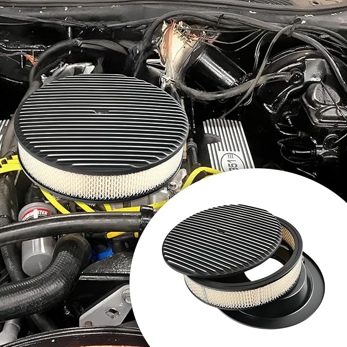 14 x 3 Inch Round Black Air Cleaner Kit Fully Finned Top with Flat Style Base Compatible with Chevy Ford GM