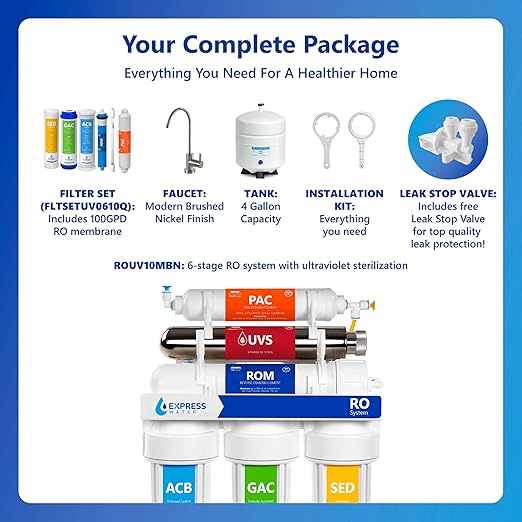 Express Water Reverse Osmosis Ultraviolet Water Filtration System – 100 GPD (Modern Brushed Nickel Faucet)