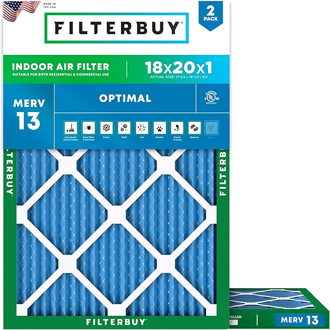 Filterbuy 18x20x1 Air Filter MERV 13 Optimal Smoke & Allergy Defense (2-Pack), Electrostatic Pleated HVAC AC Furnace Filters Replacement, Made in USA (Actual Size: 17.50 x 19.50 x 0.75)