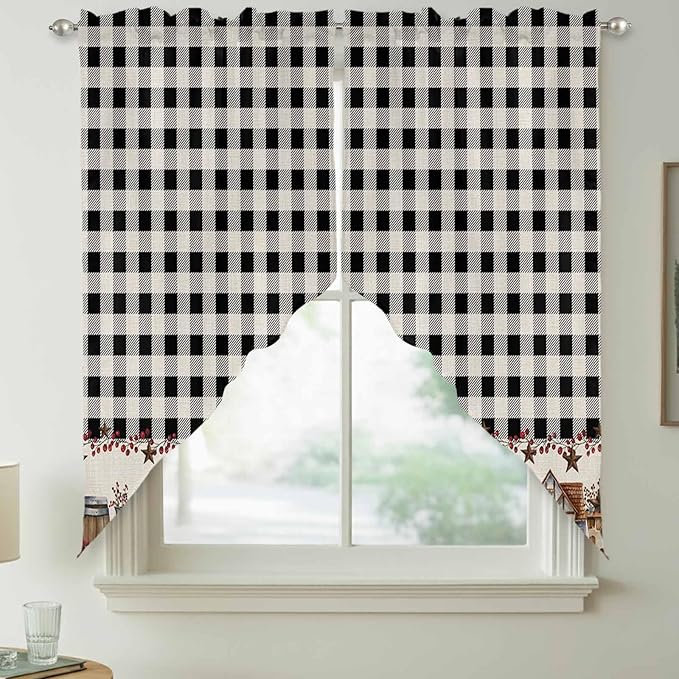 Swag Curtain Valances for Kitchen Windows,Farm Wooden House Black Buffalo Plaid Short Rod Pocket Window Valance,Western Star Swag Topper for Bedroom Living Room,2 Panels 36x36in