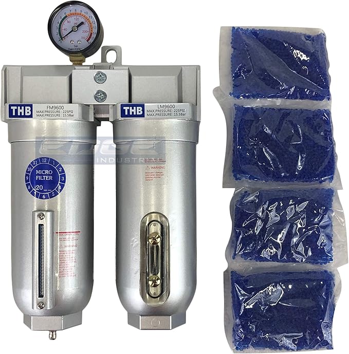 2 STAGE INDUSTRIAL GRADE IN-LINE COALESCING FILTER & DESICCANT AIR DRYER COMBINATION WITH 11oz METAL BOWLS FOR SPRAY GUN EQUIPMENT PAINT BOOTH COMPRESSOR, PLASMA CUTTER (1" NPT, MANUAL DRAIN)