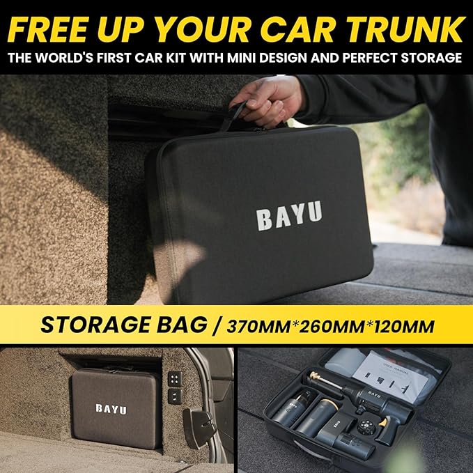BAYU 6 in 1 Car Jump Starter Kit with 19000PA Car Vacuum Cleaner & Universal Battery, Cordless Pressure Washer, 150PSI Tire Inflator, Air Compressor, Portable 12V 1500A Auto Jump Box (6 Pcs)