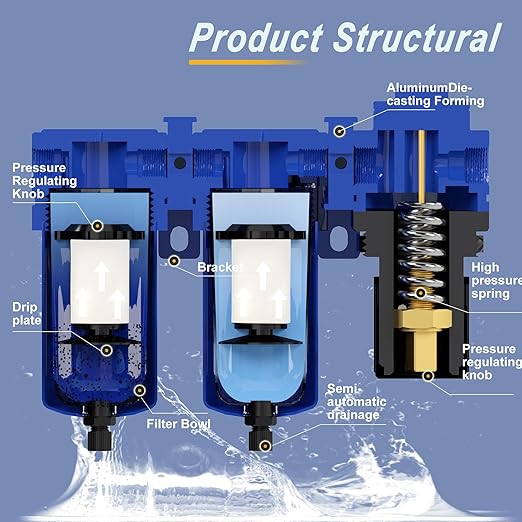 3/8" NPT Air Dryer System,Air Compressor Filter Dryer,5 and 5 Micron Filter Cartridge,Semi-Auto Drain, Metal Bracket-Blue