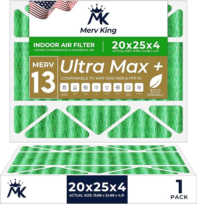 MervKing 20x25x4 Air Filter Actual Size: 19.88" x 24.88" x 4.31" MERV 13 MPR 1500-1900 | MADE IN USA | 1-Pack | Pleated HVAC AC Furnace Replacement