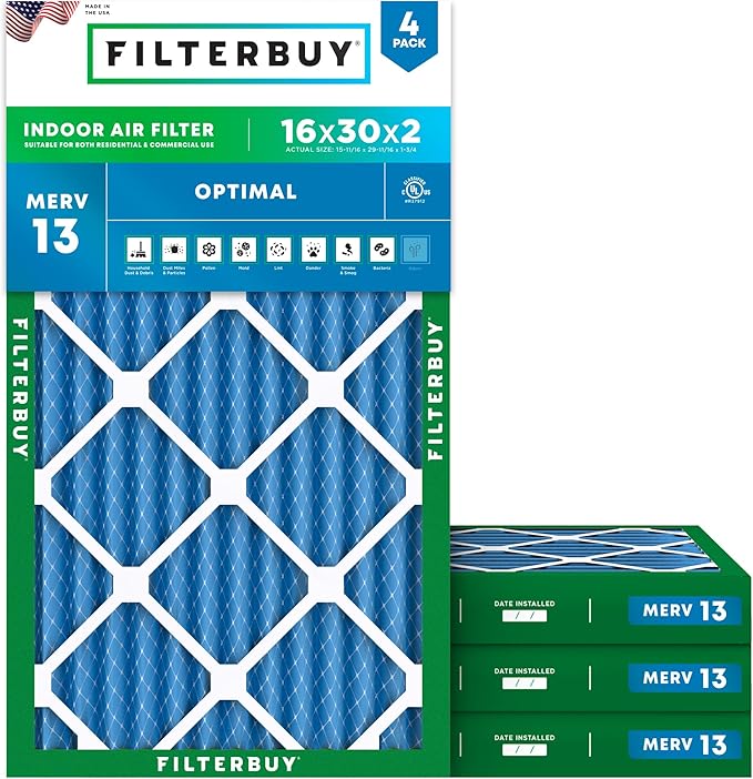 Filterbuy 16x30x2 Air Filter MERV 13 Optimal Smoke & Allergy Defense (4-Pack), Electrostatic Pleated HVAC AC Furnace Filters Replacement, Made in USA (Actual Size: 15.69 x 29.69 x 1.75)