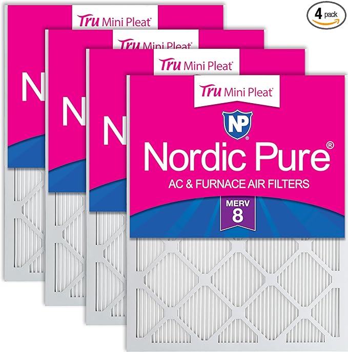 Nordic Pure 24x24x1 (Actual Size: 23 3/8 x 23 3/8 x 3/4) Tru Mini Pleat MERV 8 AC Furnace Air Filters - 2.5X More Media for Longer-Lasting, High-Efficiency Filtration - 4 Pack