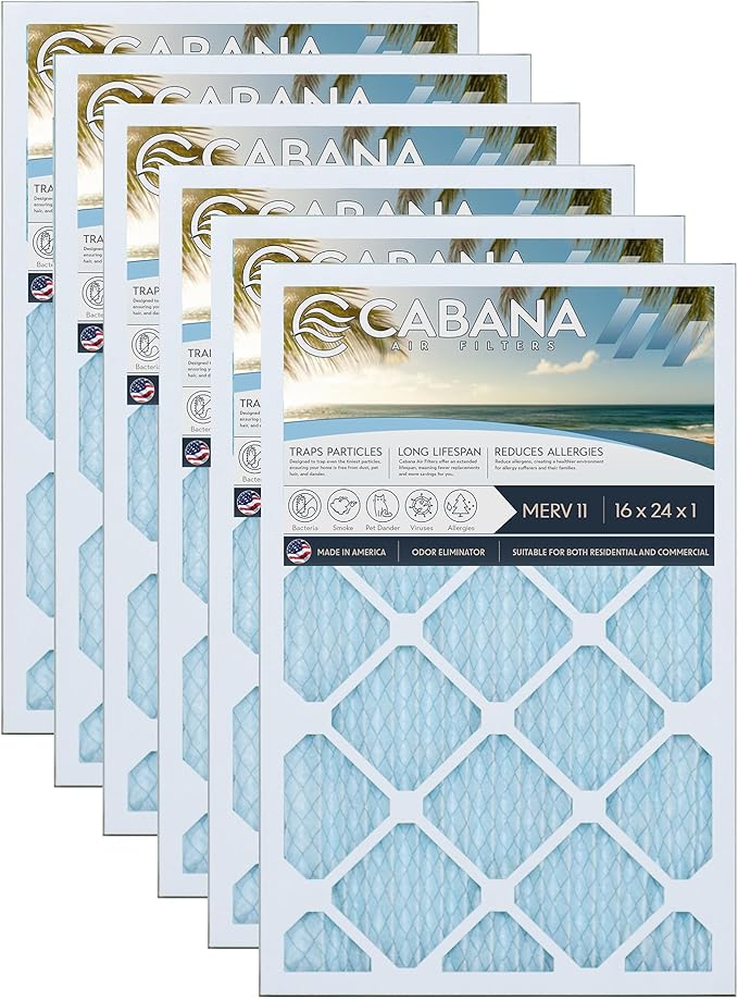 Cabana Filters 6-Pack 16x24x1 MERV 11 AC Furnace Air Filter for Home and Office - Indoor HVAC System Filtration Replacement, Captures Unwanted Particles