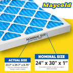 Maycold 24x30x1 MERV 11 Furnace Air Filter (6-Pack), High-Performance HVAC AC Filters for Home Use, Actual Size: 23.70” x 29.70” x 0.75”, Individually Wrapped in Plastic