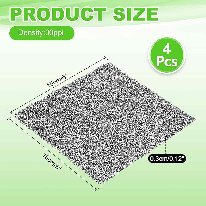 Fan Replacement Filters 4 Pcs Fan Filter Foam Sponge (6" x 6" x 0.12", 30ppi) - Breathable, Soft for Air Compressors Inverter Chassis Vacuum Cleaners
