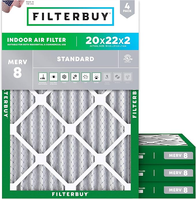 Filterbuy 20x22x2 Air Filter MERV 8 Essential Dust & Allergy Defense (4-Pack), Electrostatic Pleated HVAC AC Furnace Filters Replacement, Made in USA (Actual Size: 19.50 x 21.50 x 1.75)
