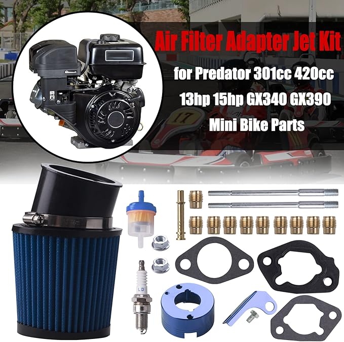 Air Filter Adapter Jet Kit for Predator 301cc 420cc 11hp 13hp 15hp GX340 GX390 389cc Stage 1 Mini Bike Parts Go Kart Golf Cart Lawnmower Water Pump Pressure Washer Generator OHV Engine (Blue)