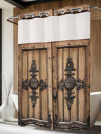 Wood Barn Door No Hook Shower Curtain with Snap in Liner Set, Waterproof Shower Curtains for Bathroom, Wooden Plank Fabric Shower Curtain, See Through Mesh Top Window, 60" W x 72" L