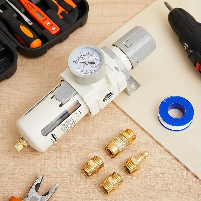 Tuanse Manual Drain 1/2" NPT Compressed Air Filter Regulator, Piggyback Combo, 5µm Brass Element, Poly Bowl, Metal Bracket & Fittings, 0-150 Psi Gauge, for Industrial & Spray Painting