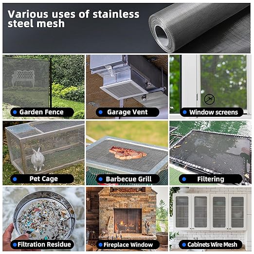40 Mesh 304 Stainless Steel Mesh Screen, 24'' x 118''（60cm×300cm） Wire Screen Mesh, Rust Free Woven Wire Mesh, Metal Mesh Screen for Air Vents, Window Screen, Filters, Cage,Garden Covers