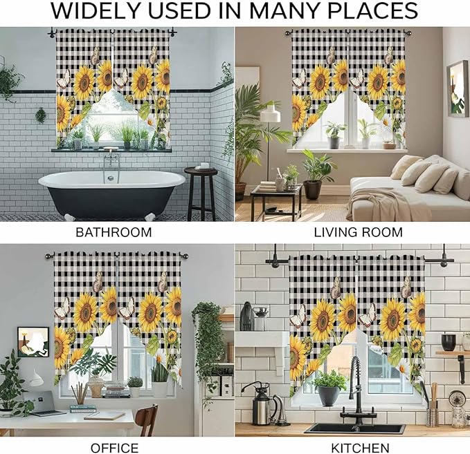 Sunflowers Swag Valances for Windows, Yellow Flowers Butterfly Farmhouse Black Plaid Rod Pocket Kitchen Curtains Valance, Small Window Curtains Swag for Cafe Bathroom Living Room, 2 Panels, 36x36 inch