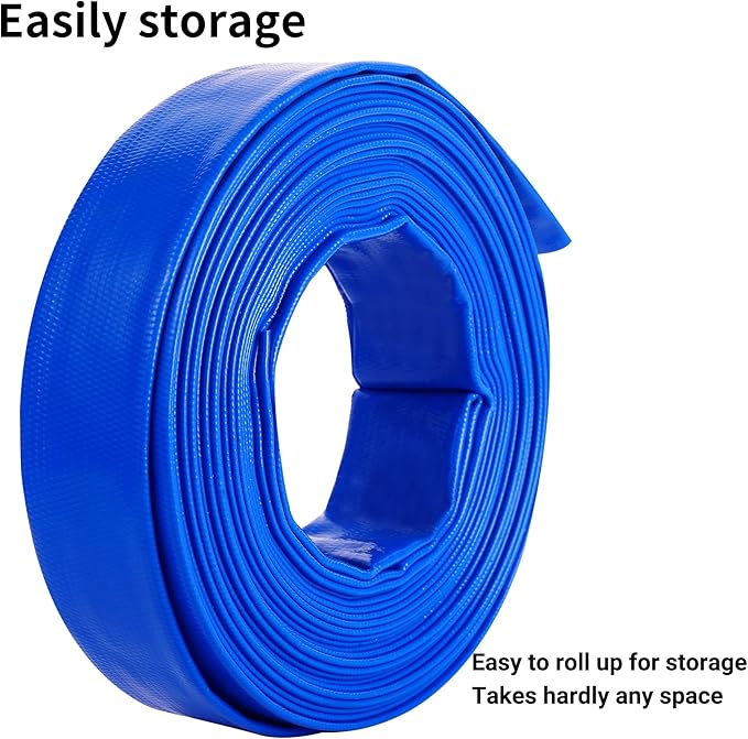2.5" x 50 FT Pool Backwash Hose, Blue Heavy Duty Reinforced PVC Lay Flat Water Discharge Hose for Swimming Pool Filter Pump,with 2 Clamp