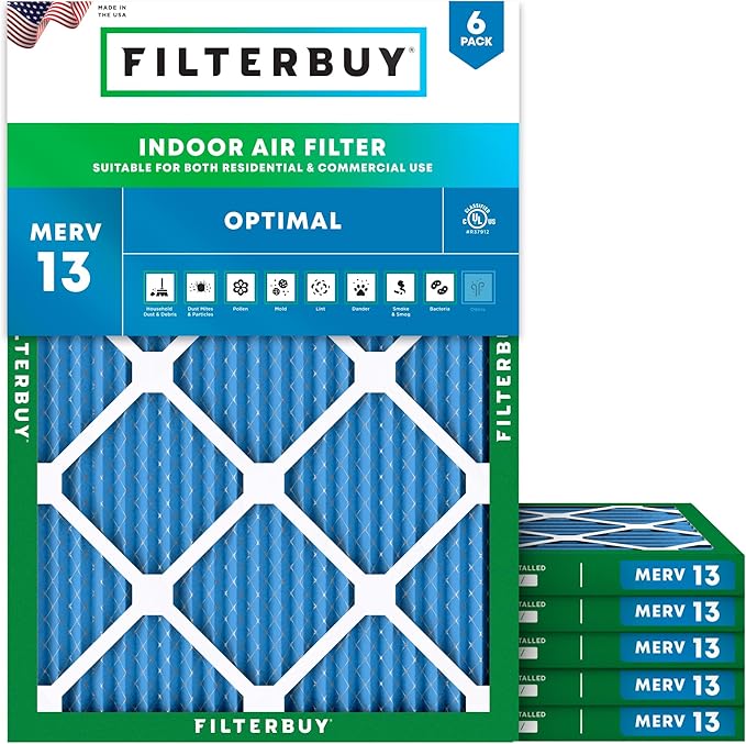Filterbuy 21x23x1 Air Filter MERV 13 Optimal Smoke & Allergy Defense (6-Pack), Electrostatic Pleated HVAC AC Furnace Filters Replacement, Made in USA (Actual Size: 20.50 x 22.50 x 0.75)