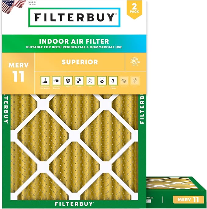 Filterbuy 17.5x23.5x2 Air Filter MERV 11 Superior Pet & Allergy Defense (2-Pack), Electrostatic Pleated HVAC AC Furnace Filters Replacement, Made in USA (Actual Size: 17.38 x 23.38 x 1.75)