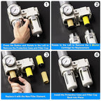 TAILONZ PNEUMATIC 0-150PSI 1/2 Inch NPT Particulate Filter+Coalescing Filter Air Filter Pressure Regulator Combo Piggyback, Air Tool Compressor Filter (Semi-Auto Drainage）