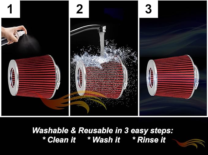 RED 3.5" 89 mm Inlet Narrow Air Cone Replacement Performance Washable Clamp-On Dry Air Filter