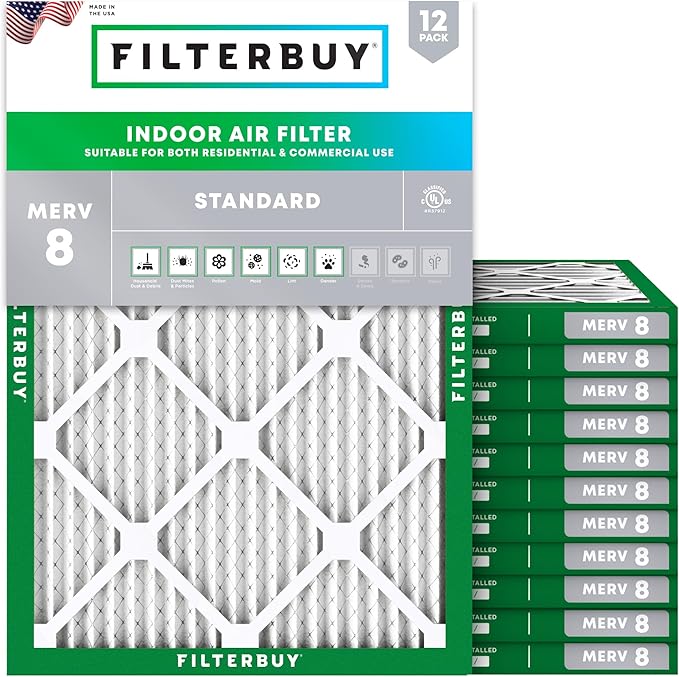 Filterbuy 25x28x1 Air Filter MERV 8 Essential Dust & Allergy Defense (12-Pack), Electrostatic Pleated HVAC AC Furnace Filters Replacement, Made in USA (Actual Size: 24.50 x 27.50 x 0.75)