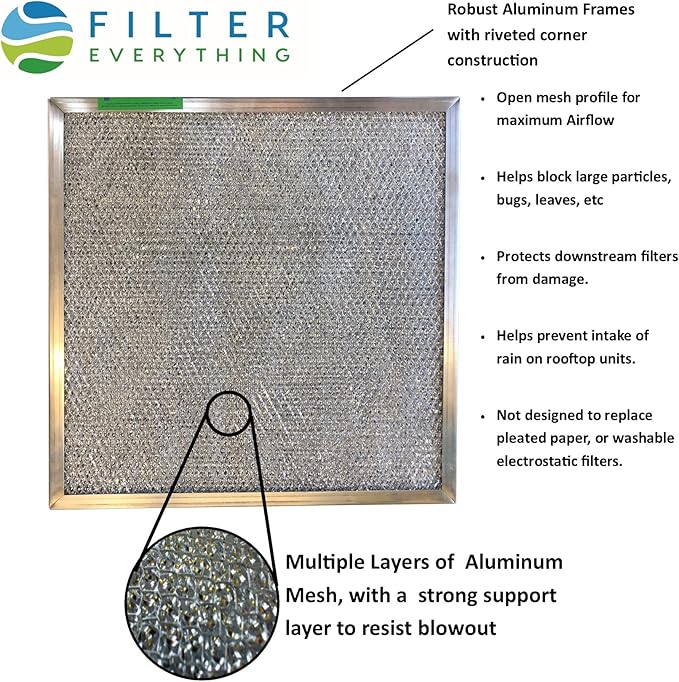 Filter Everything Washable Aluminum Air Filter – 16 x 25 x 1 7/8 – Permanent, Reusable HVAC Intake Filter – Heavy-Duty Expanded Aluminum Mesh – Pre-Filter for HEPA or Pleated Filters