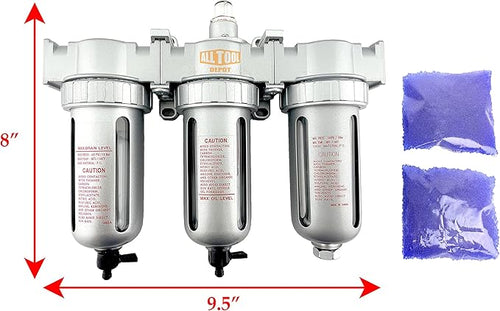 1/4" NPT MID FLOW 3 Stages Filter Coalescing Desiccant Dryer System For Compressed Air Lines, Poly Bowls, Great For Paint Spray And Plasma Cutter (MANUAL DRAIN)