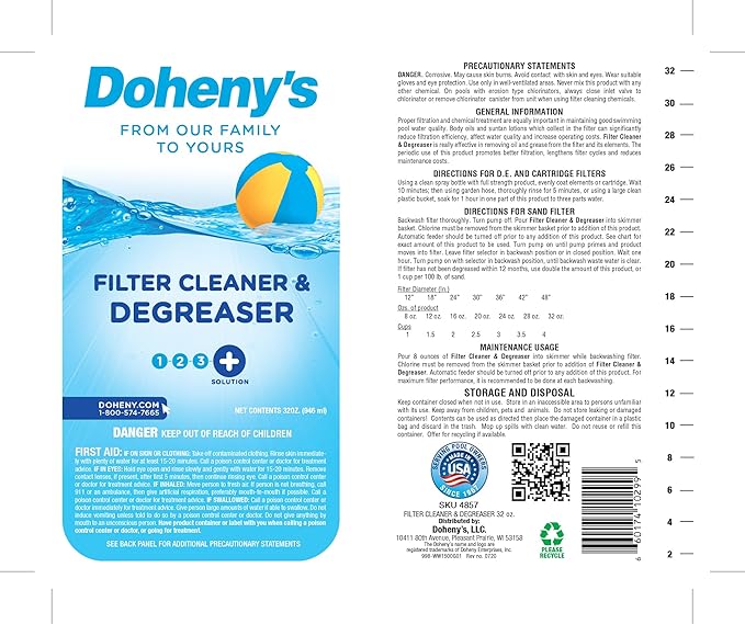 Doheny's Pool Filter Cleaner Degreaser | 100% Professional-Grade | Prevents Sand Bed Channeling & Cleanses Your Filter | Ideal For Cleaning Sand, D.E. & Cartridge Filters | Set Of (4) - 1 QT Bottles