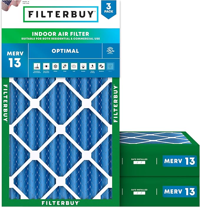 Filterbuy 12x20x4 Air Filter MERV 13 Optimal Smoke & Allergy Defense (3-Pack), Electrostatic Pleated HVAC AC Furnace Filters Replacement, Made in USA (Actual Size: 11.50 x 19.50 x 3.63)