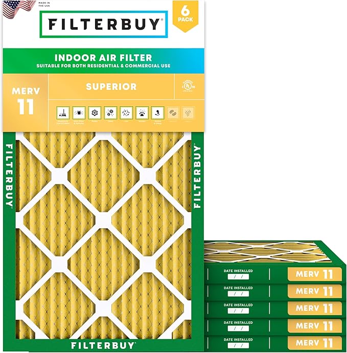 Filterbuy 12x27x1 Air Filter MERV 11 Superior Pet & Allergy Defense (6-Pack), Electrostatic Pleated HVAC AC Furnace Filters Replacement, Made in USA (Actual Size: 11.50 x 26.50 x 0.75)