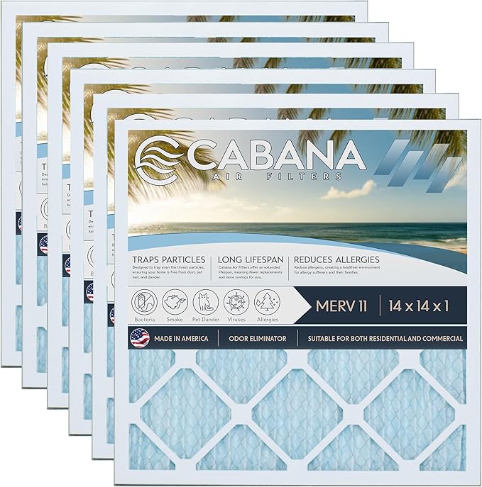 Cabana Filters 6-Pack 14x14x1 MERV 11 AC Furnace Air Filter for Home and Office - Indoor HVAC System Filtration Replacement, Captures Unwanted Particles