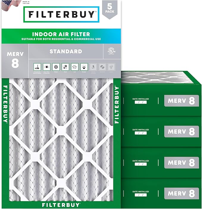 Filterbuy 16x25x4 Air Filter MERV 8 Essential Dust & Allergy Defense (5-Pack), Electrostatic Pleated HVAC AC Furnace Filters Replacement, Made in USA (Actual Size: 15.50 x 24.50 x 3.63)