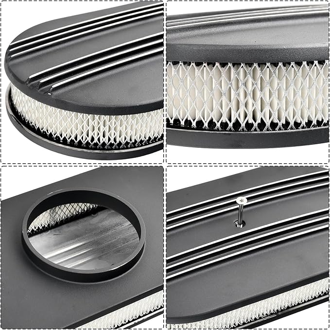 15" Black Aluminum Air Cleaner Assembly Kit Alloy Oval Partial Half Finned with Element