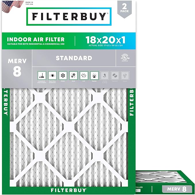 Filterbuy 18x20x1 Air Filter MERV 8 Essential Dust & Allergy Defense (2-Pack), Electrostatic Pleated HVAC AC Furnace Filters Replacement, Made in USA (Actual Size: 17.50 x 19.50 x 0.75)