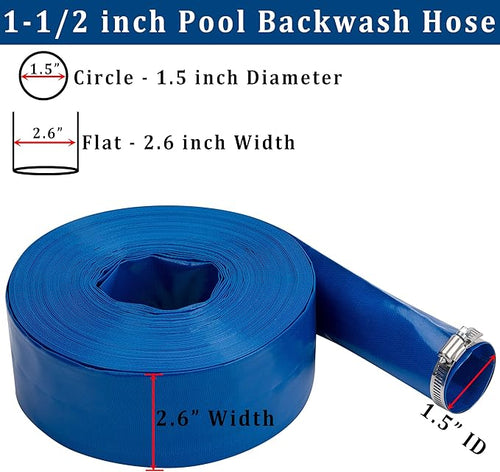 1-1/2 in x 50 ft Pool Backwash Hose Heavy Duty Drain Discharge PVC Lay flat General Purpose Vinyl Hose, Burst Resistant for Water Transfer Sump Pump Pool Filter (1.5in 50ft fiber reinforced hose)