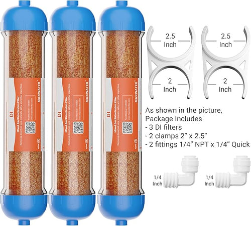 (3 Pack) Mixed Bed Ion Exchange Aquarium Filter Resin 0 PPM RO DI Refillable Housing w/Clamps & Fittings, Compatible with 10" Reverse Osmosis Water Filtration Systems, for High TDS in Water