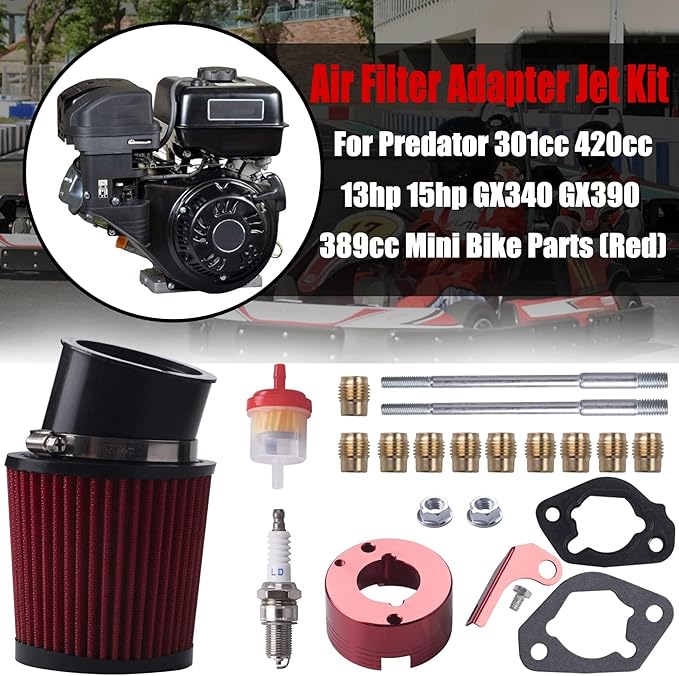 Air Filter Adapter Jet Kit for Predator 301cc 420cc 11hp 13hp 15hp GX340 GX390 389cc Stage 1 Mini Bike Parts Go Kart Golf Cart Lawnmower Water Pump Pressure Washer Generator OHV Engine (Red)