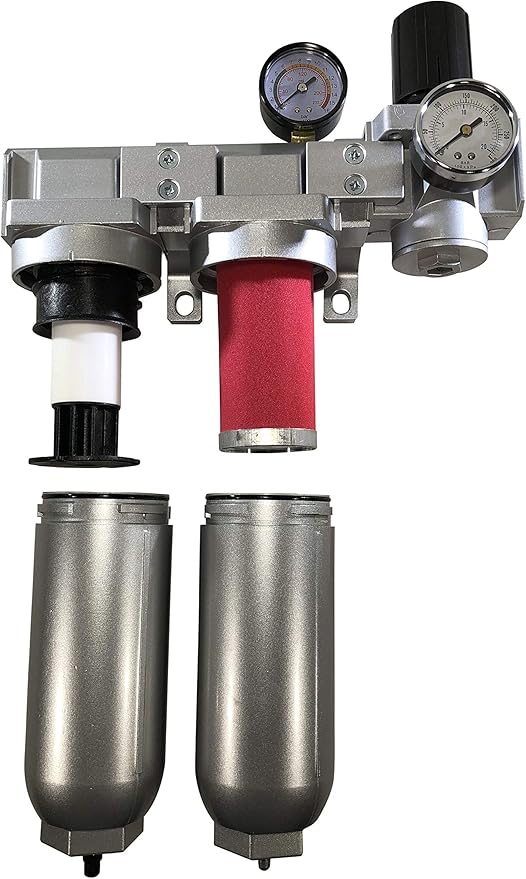 INDUSTRIAL RATED Three Stage Air Drying System - EXTRA LARGE BOWLS- Air Particulate Filter, 0.01 Micron Coalescing Filter & Air Pressure Regulator Modular Combo 1" NPT - Auto Drain, Metal Bowl