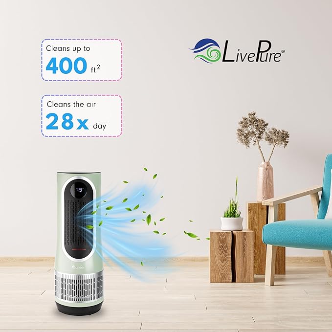 LivePure 3-in-1 LP500 Clean Heat Air Purifier & Electric Heater – Oscillating Portable Heater with 2 Heat Modes and Air Filtration – Heater for Indoor Use in Bedrooms, Home Office & Apartments, Sage