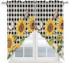Sunflowers Swag Valances for Windows, Yellow Flowers Butterfly Farmhouse Black Plaid Rod Pocket Kitchen Curtains Valance, Small Window Curtains Swag for Cafe Bathroom Living Room, 2 Panels, 36x36 inch