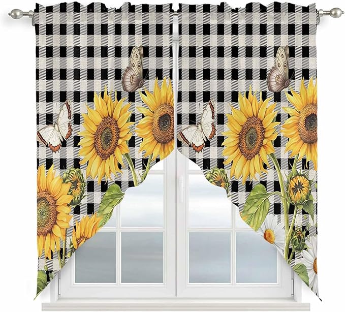 Sunflowers Swag Valances for Windows, Yellow Flowers Butterfly Farmhouse Black Plaid Rod Pocket Kitchen Curtains Valance, Kitchen Window Curtains Swag for Cafe Living Room, 2 Panels, 36x45 inch