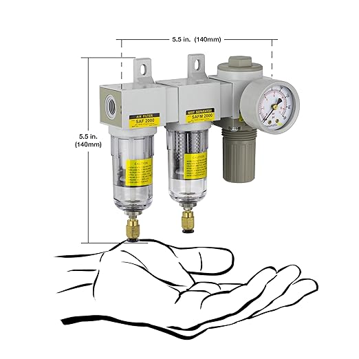 PneumaticPlus SAU2030M-N02DG Mini Three Stage Air Drying System, 1/4" NPT - Particulate Air Filter, Coalescing Filter, Air Pressure Regulator Combo - Poly Bowl, Auto Drain
