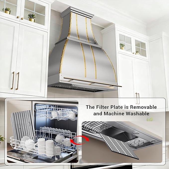 CHETTO C Stainless Steel Range Hood Cover with Quiet Vent Hood Insert Custom Handcrafted Metal Kitchen Fan with Towel Rack LED Light 48"W x21"D x57"H Brushed Stainless Steel Wall Mount