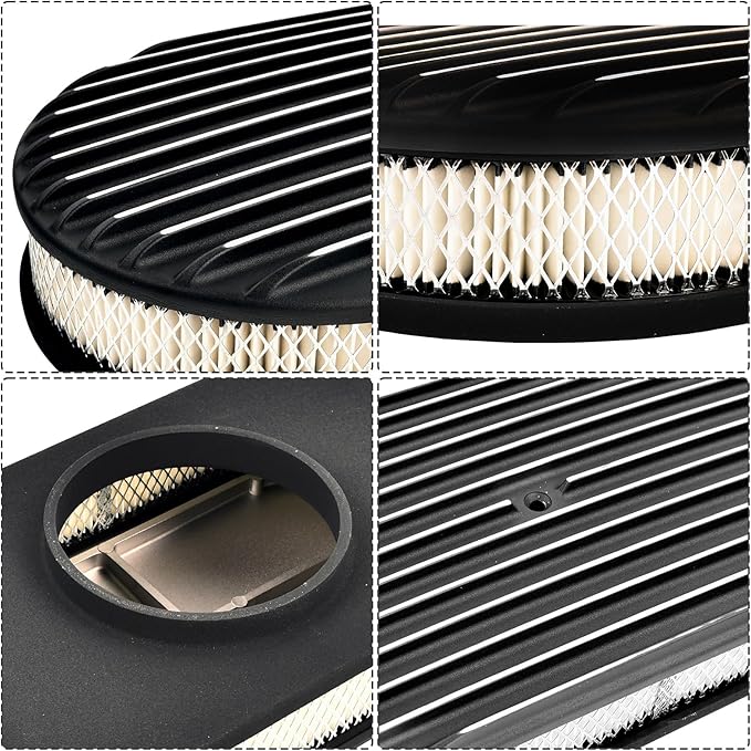 15" Black Aluminum Valve Covers Air Cleaner Kit Oval Full Polished Finned Compatible with Classic Chevy Ford