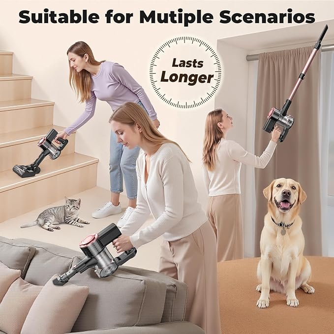 Cordless Vacuum Cleaner, Powerful Lightweight Stick Vacuum with Self-Standing, Anti-Tangle, 8-in-1 Rechargeable Vacuum Cleaners for Home, Hardwood Floors, Carpet, Pet Hair (Pink)