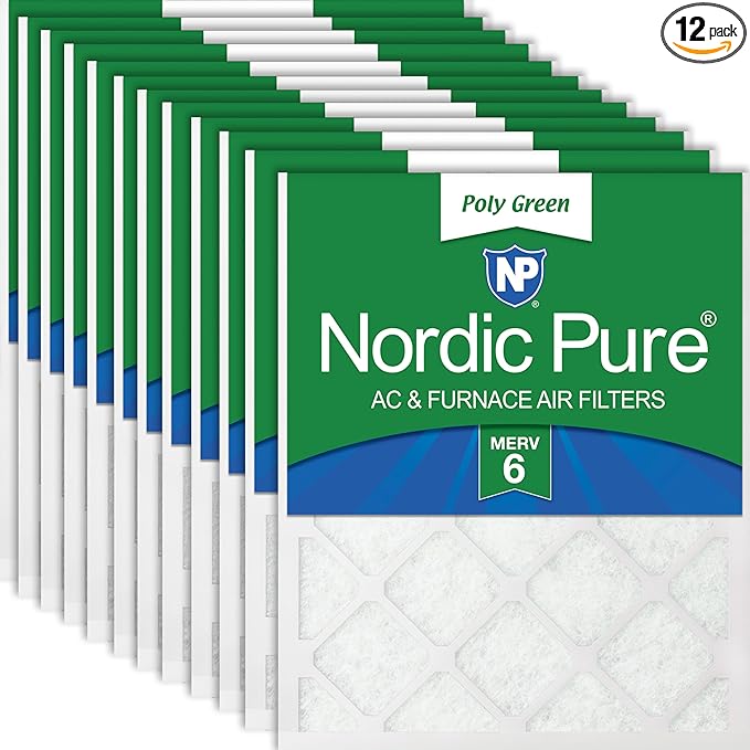 Nordic Pure 12x12x1 (Actual Size: 11 3/4 x 11 3/4 x 3/4) Poly Green MERV 6 AC Furnace Air Filters – Reduces Dust, Pollen, Pet Dander & Allergens – 12-Pack