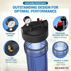 Max Water Whole House 20" x4.5" Purple Clear WH Water Filter Housing 1 inch Inlet/Outlet Ports with Pressure Gauge Wrench and Bracket (1 Housing + 1 Pressure Gauge)